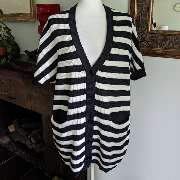 CAbi #5289 Black/White Striped The Whistle Cardigan Sweater Women's XS Oversize - Picture 1 of 10